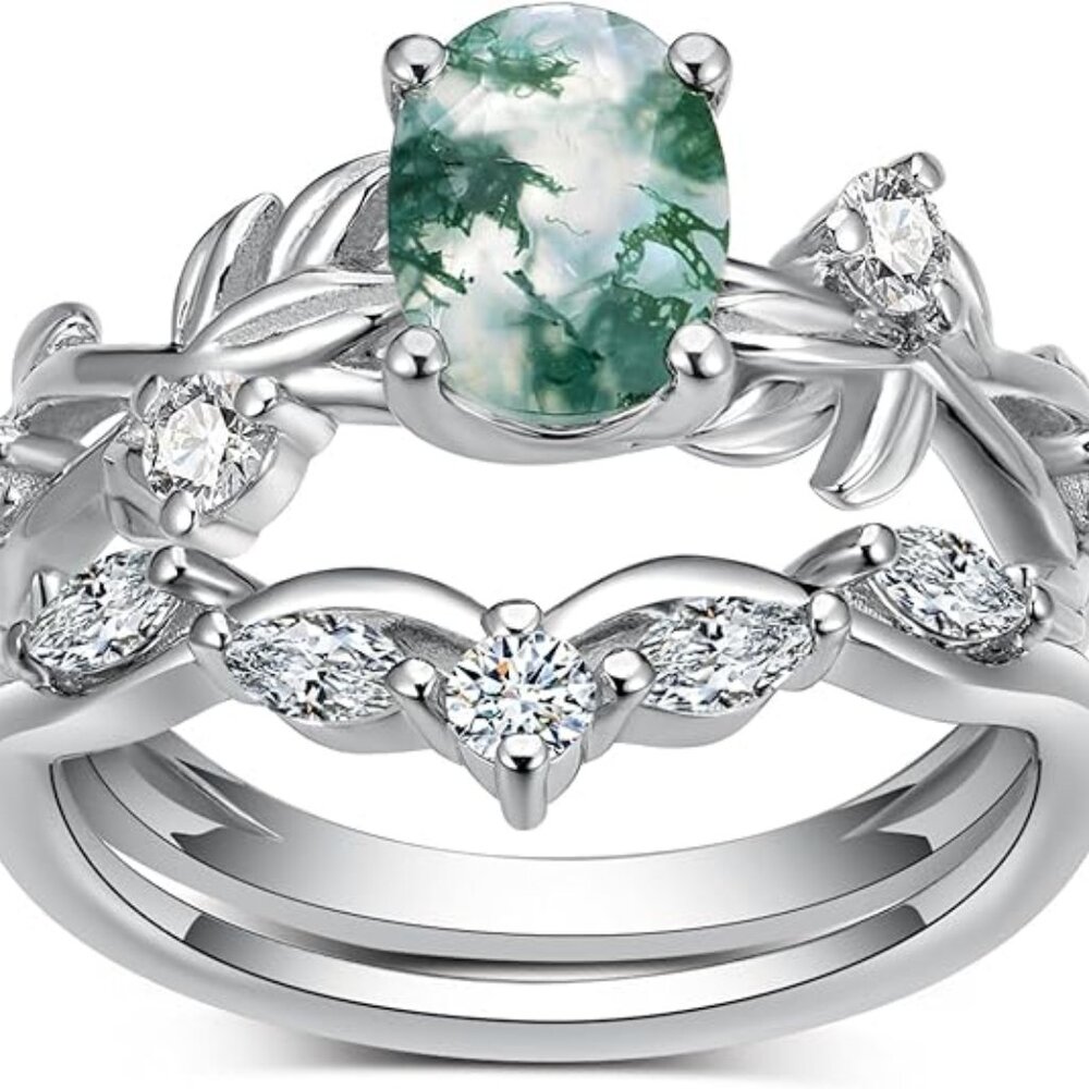 Women's S925 Oval Shape 1 Carat Green Moss Agate Engagement Ring Set